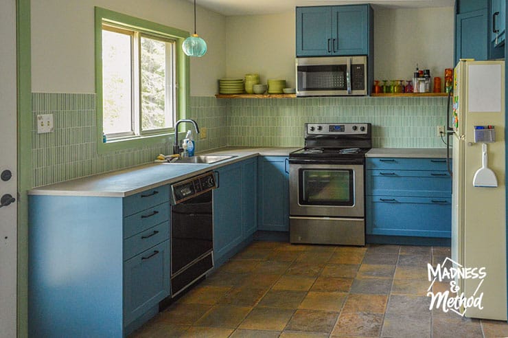 green and blue kitchen