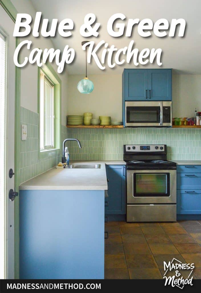 blue and green camp kitchen cabinets