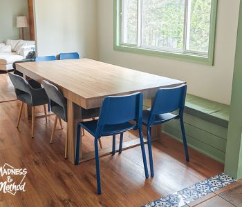dining room with blue chairs