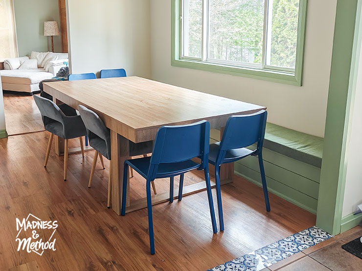 dining room with blue chairs