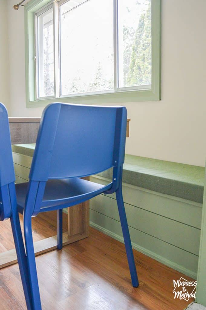 blue chairs in dining room